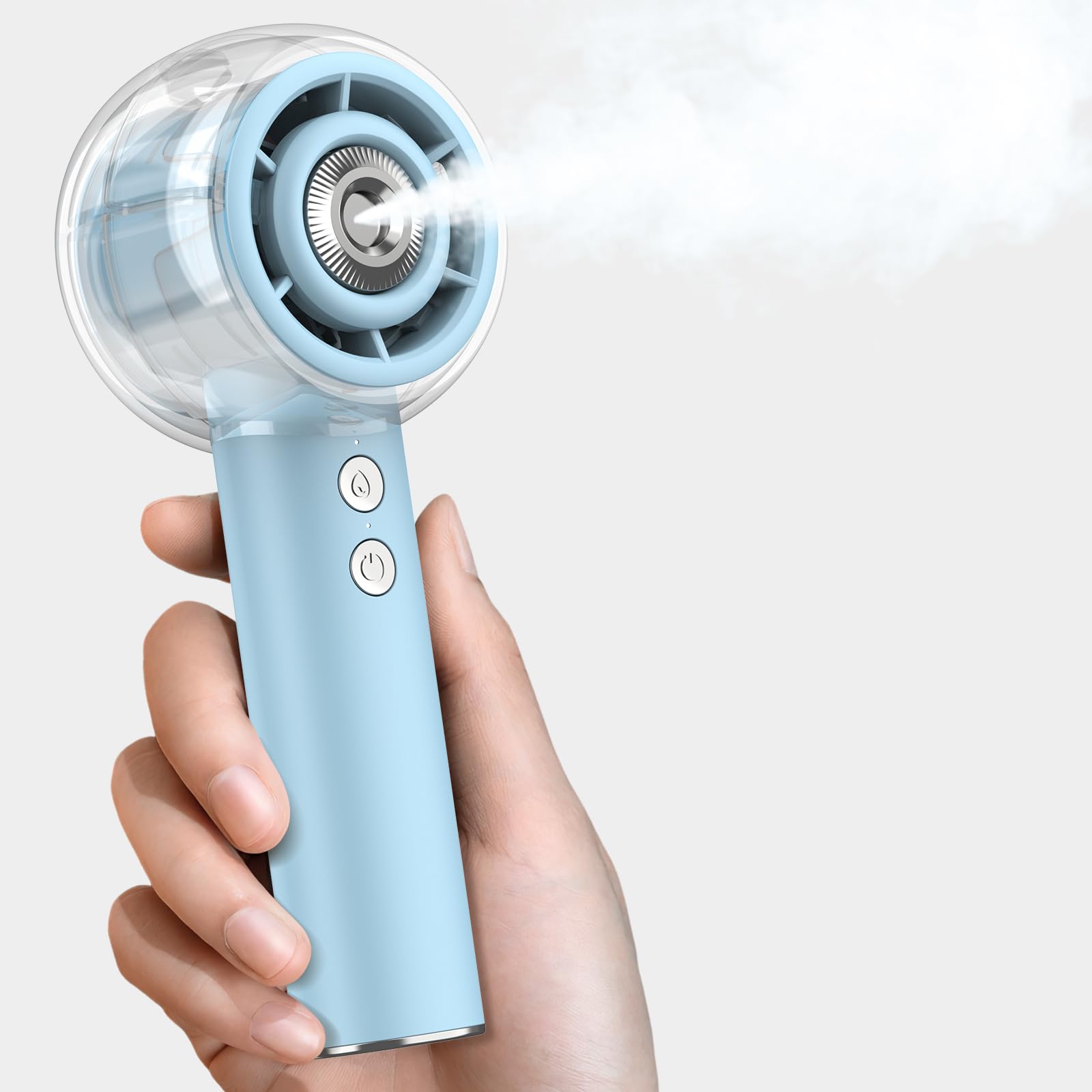 Photo 1 of Misting Portable Handheld Fan, Powerful Turbo Motor, 6000mAh Rechargeable Battery, Personal Mini Fans with 4 Strong Wind, Cooling Gadgets for Travel, Camping, Beach, Outdoor, Gifts for Women Men-Blue