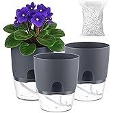 3 Pack Self Watering Pots for Indoor Plants, PlanterHoma 6 Inch Plant Pot Plastic Self Watering Planter for Orchid, African Violet, Small Clear Flower Pots with Drainage Holes and Wicking Rope, Grey