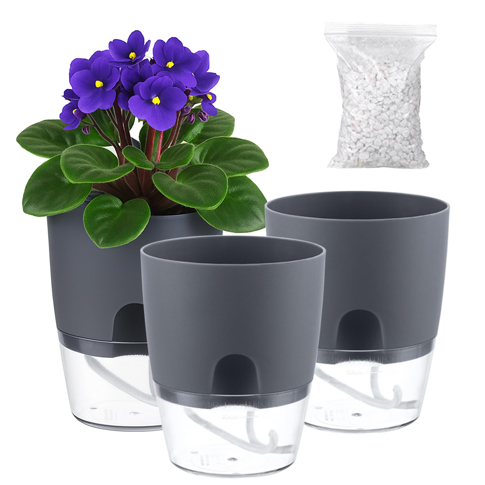 3 Pack Self Watering Pots for Indoor Plants, PlanterHoma 6 Inch Plant Pot Plastic Self Watering Planter for Orchid, African Violet, Small Clear Flower Pots with Drainage Holes and Wicking Rope, Grey
