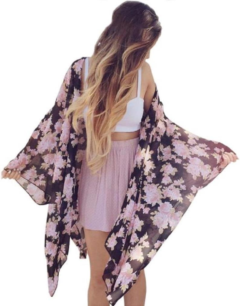 METFIT Women Boho Floral Chiffon Loose Shawl Kimono Cardigan Cover up Blouse