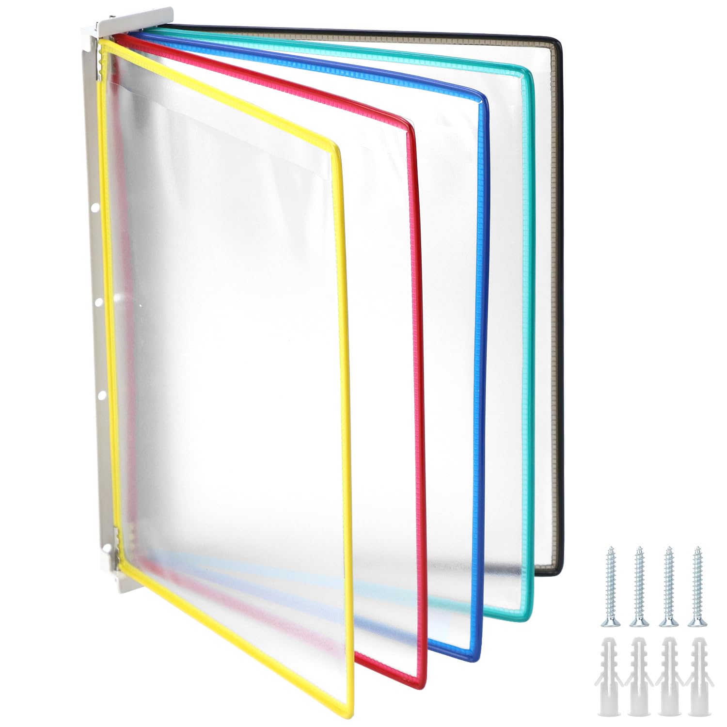 QWORK® Wall Document Organiser, Display Panel Wall Unit for Storing and Displaying A4 Documents, Includes 5 Display Panels in Assorted Colours