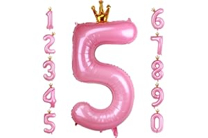 HZQRUQH 40 Inch Crown Pink Number 5 Balloon, Big Conjoined Baby Pink Foil Mylar Helium Digit 5 Balloon for Girl 5th Birthday Party Decorations Anniversary Decor Theme Party Supplies