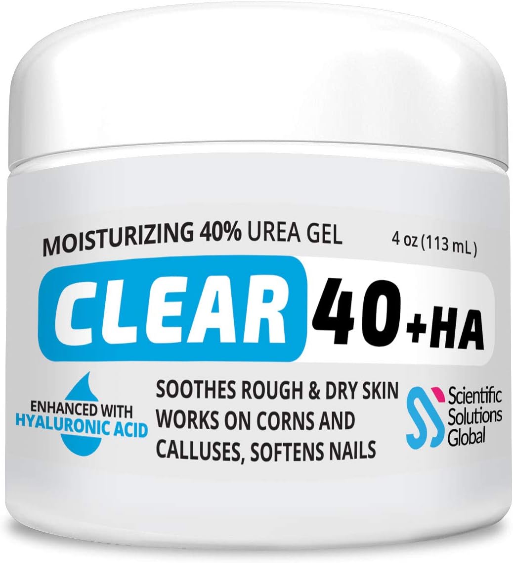 Clear 40 HA, 40% Urea Gel, 1% Hyaluronic Acid, 4 oz w/Tea Tree & Coconut Oil, Aloe Vera, Callus & Corn Remover Softens Cracked Heels, Feet, Elbows, Hands, Nails, Superior Hydration to Urea Creams