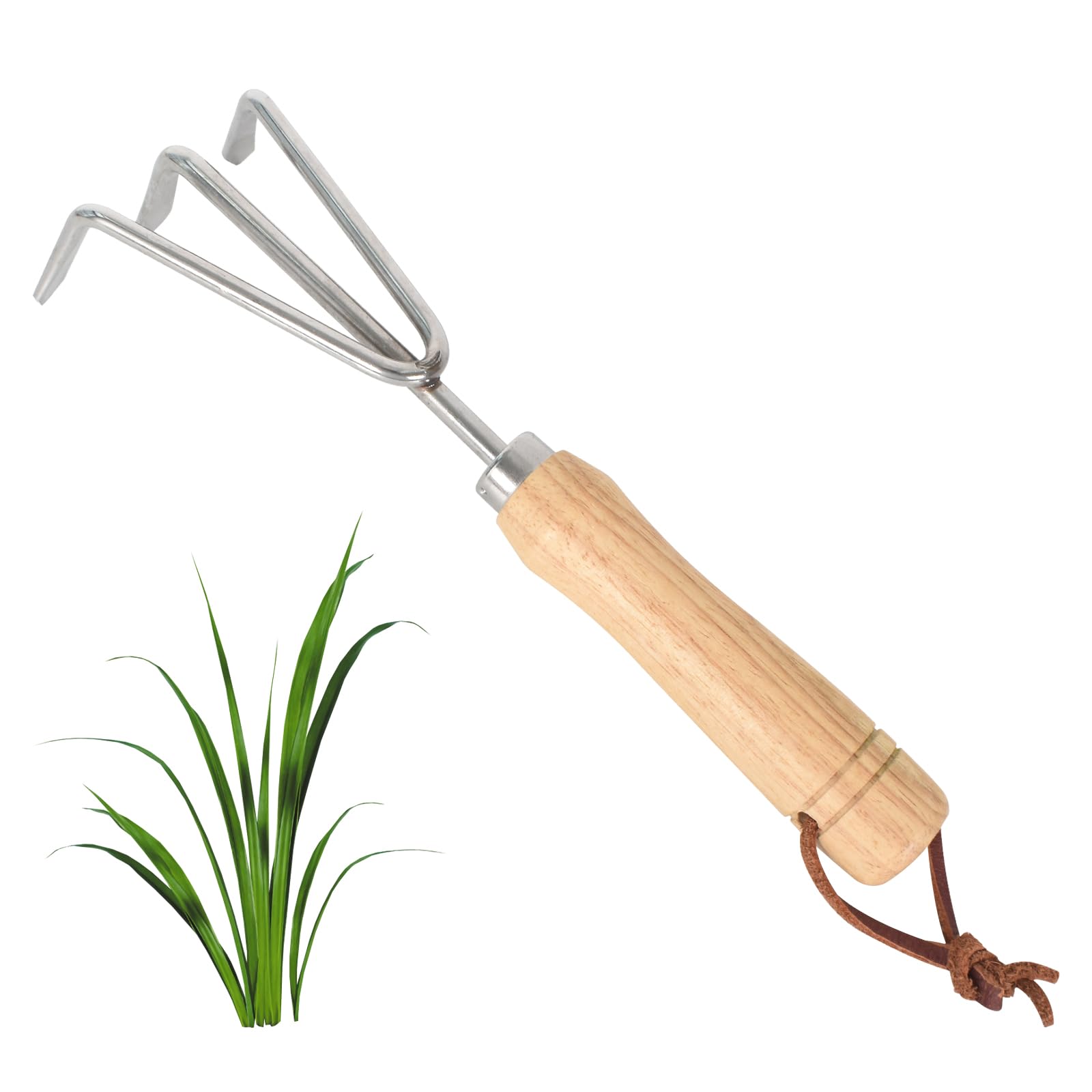 Hand Cultivator 3 Pronged, Stainless Steel Garden Hand Held Claw Rake, 3 Prong Garden Hoe, Three-Tined Garden Claw, Garden Hand Cultivator, Compact and Sturdy, Wooden Handle, 27 CM