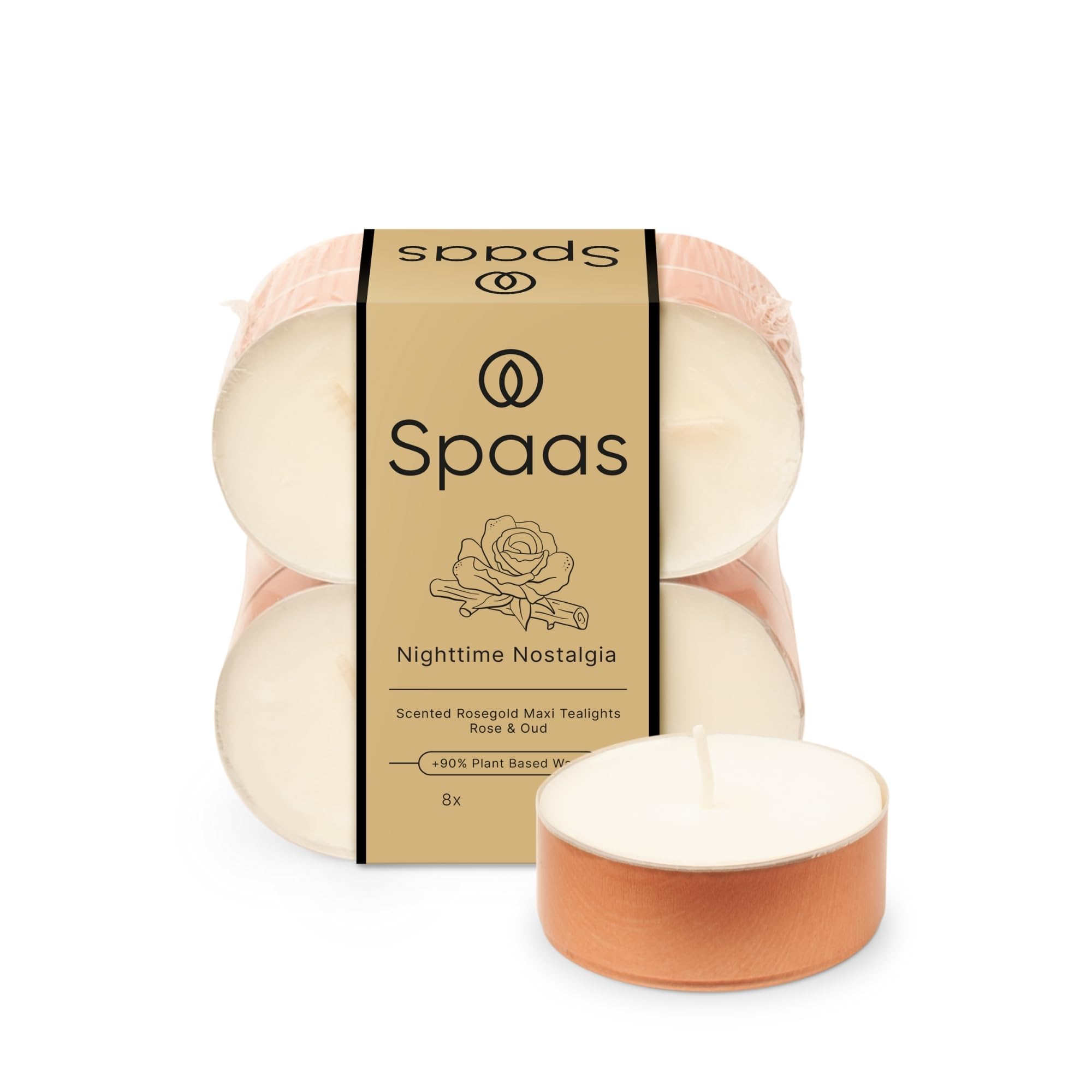 Spaas Maxi Scented Tealights in Rose Gold Cup flatpack x8 10h, Nighttime Nostalgia