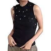 3D Floral Applique Sleeveless Top Ribbed Knit Tank Tops for Women Elegant Mock Neck Summer Going Out Tops