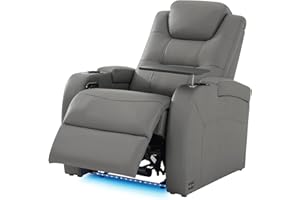 comfiroom Top Grain Leather Home Theater Seating Seats, Simple Style Dual Power Gaming Sofa Movie Theater Chairs Recliner Sofa with Type-C USB Charger (Grey, Row of 1)