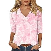 Scgirl Womens 3/4 Sleeve V Neck T-Shirts Floral Printed Cute Tunic Tops Casual Basic Top Pullover