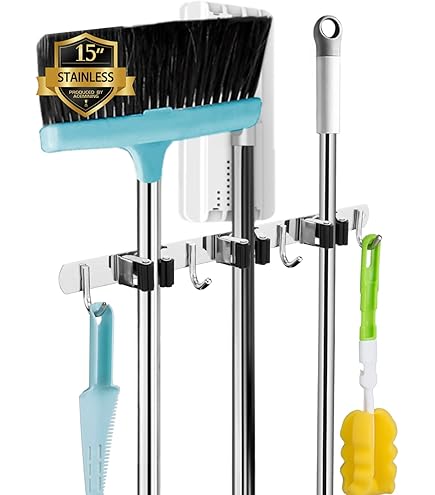 Lot De 2 Supports De Balai En Acier Inoxydable 304 Auto-adhésif Très Résistant à Fixation Murale Avec Clip De Rangement Multi-usage Pour Garage, Cuisine Et Salle De Bain