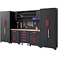 HPDMC Garage Storage Cabinet System - 9-Pcs Workshop Set with Steel Cabinet Drawers, Rolling Chest, Workbench, Pegboard for Tool Organization, Black and Red