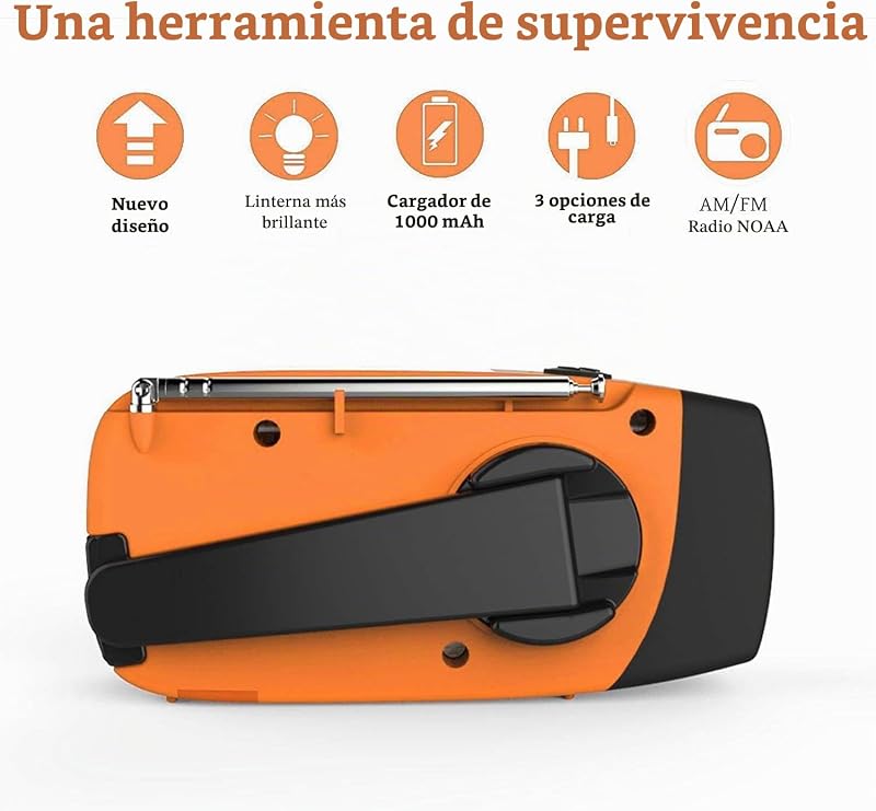 Radio Solar, Radio de manivela portátil Dynamo Radiocon Am/FM, con Linterna LED 2000mAh Recargable de Cuerda para Emergencia, Cargador de teléfono móvil USB para Acampar al Aire 2000 Mah