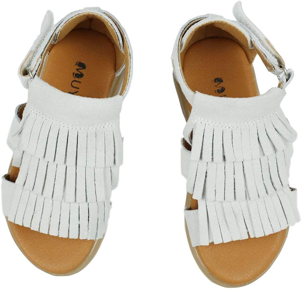  | Muy Guay Girls Sandals Genuine Leather Toddler Girls Sandals Tassels Summer Flats Walking Shoes with Non Slip Rubber Sole | Sandals