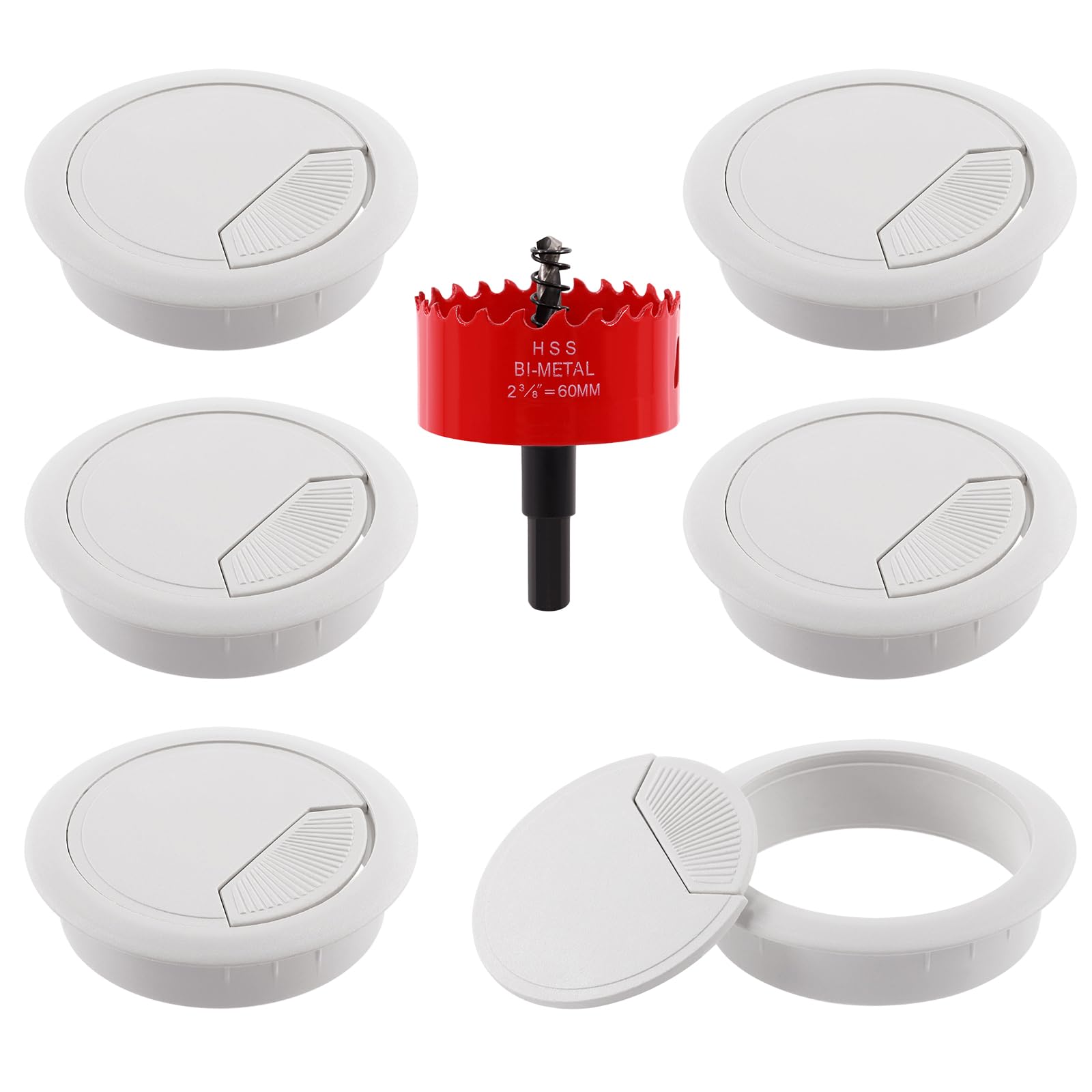 Glarks 6Pcs White Desk Grommet 2-3/8inch Desk Adjustable Cable Hole Covers with 1Pc Hole Saw, Table Wire Cable Ring Hole Cover for Office and Home Table Cable