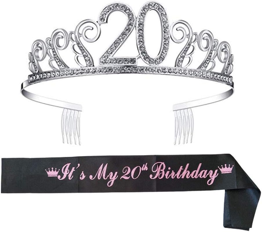 Icepeach 20th Birthday Tiara Crown with Shoulder Strap Set for Birthday Party Supplies (20)