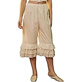 Women Ruffle Pantaloons Lace Long Bloomers Elastic Mid Rise Wide Leg Flared Slips Pants Victorian Pajama Bottoms