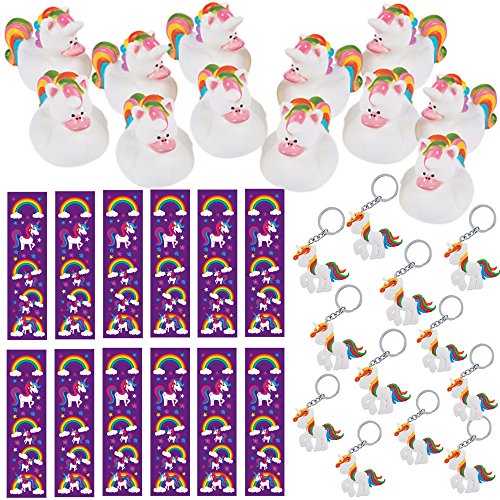 The Old Blue Door 36 Piece Unicorn Birthday Party Favor Set - 12 Unicorn Rubber Ducks + 12 Unicorn Keychains + 12 Rainbow Unicorn Bookmarks - Unicorn Party Supplies for Kids