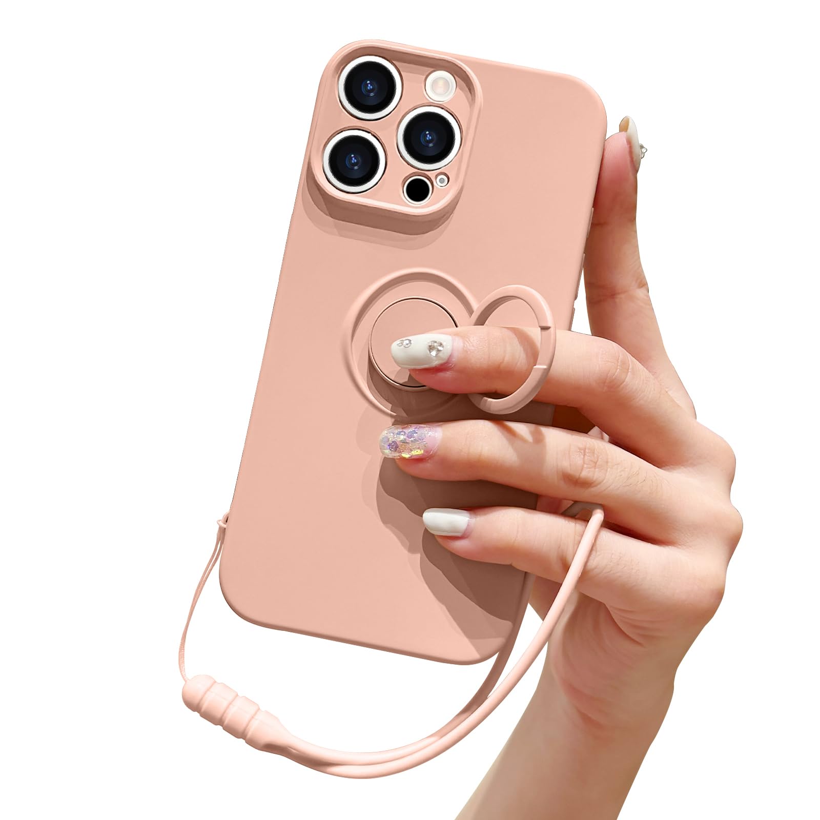 Pepmune Compatible with iPhone 16 Pro Case Liquid Silicone with Ring Holder Kickstand Magnetic Car Mount Detachable Wrist Strap Shockproof Soft Protective Cover-Pink