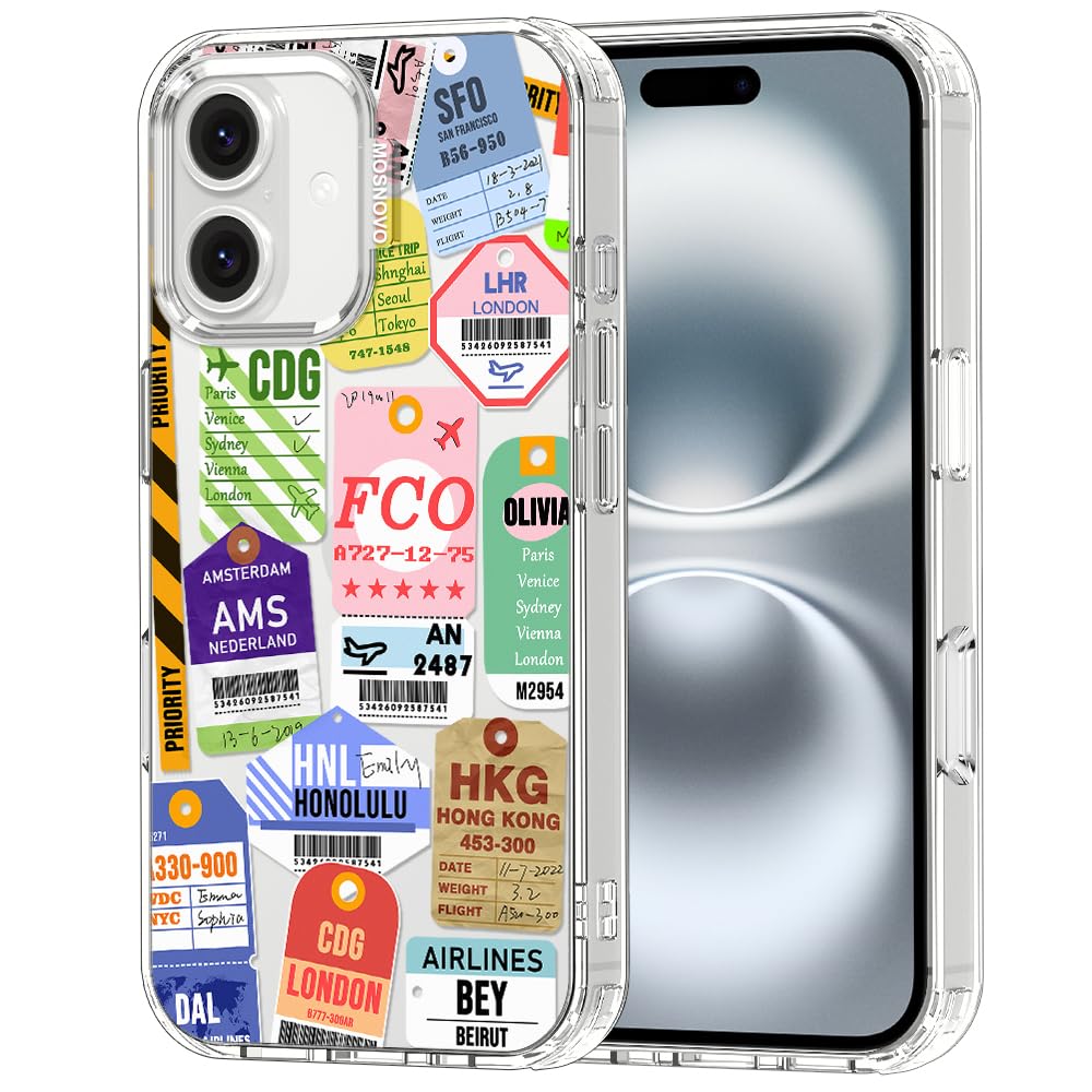 MOSNOVO Case for iPhone 16, [Buffertech 6.6ft Military-Grade Drop Protection] [Anti Peel Off Tech] Clear TPU Bumper Phone Case Cover Design - Air Ticket Labels