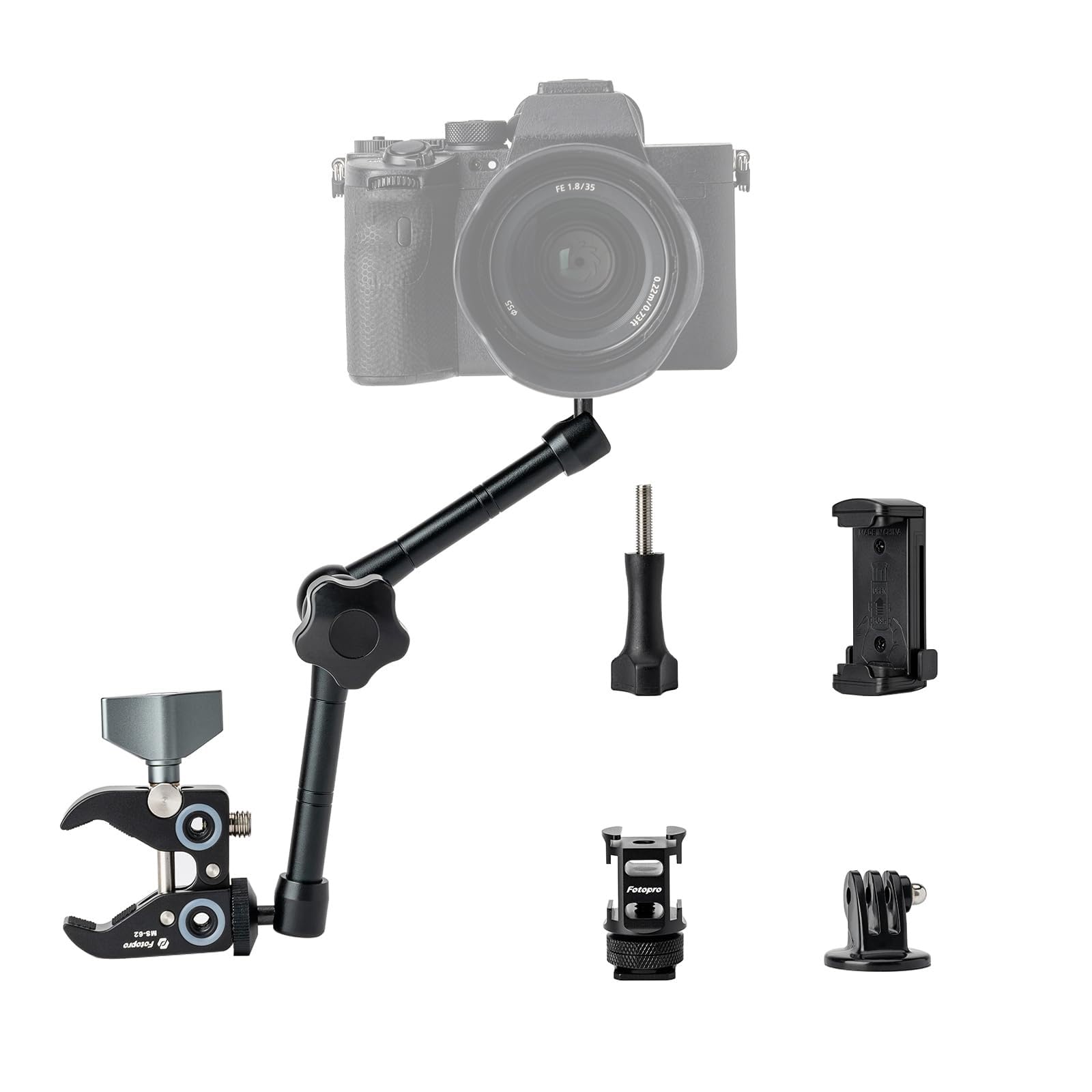 Fotopro 11 inch Magic Arm with Super Clamp Mount Phone Holder GoPro Adapter Adjustable Camera Mount Kit for DSLR Camera Monitor Camcorder Phone Video Vlog Rig