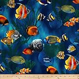 Island Sanctuary Sea Tropical Fish Cobalt Fabric By The Yard