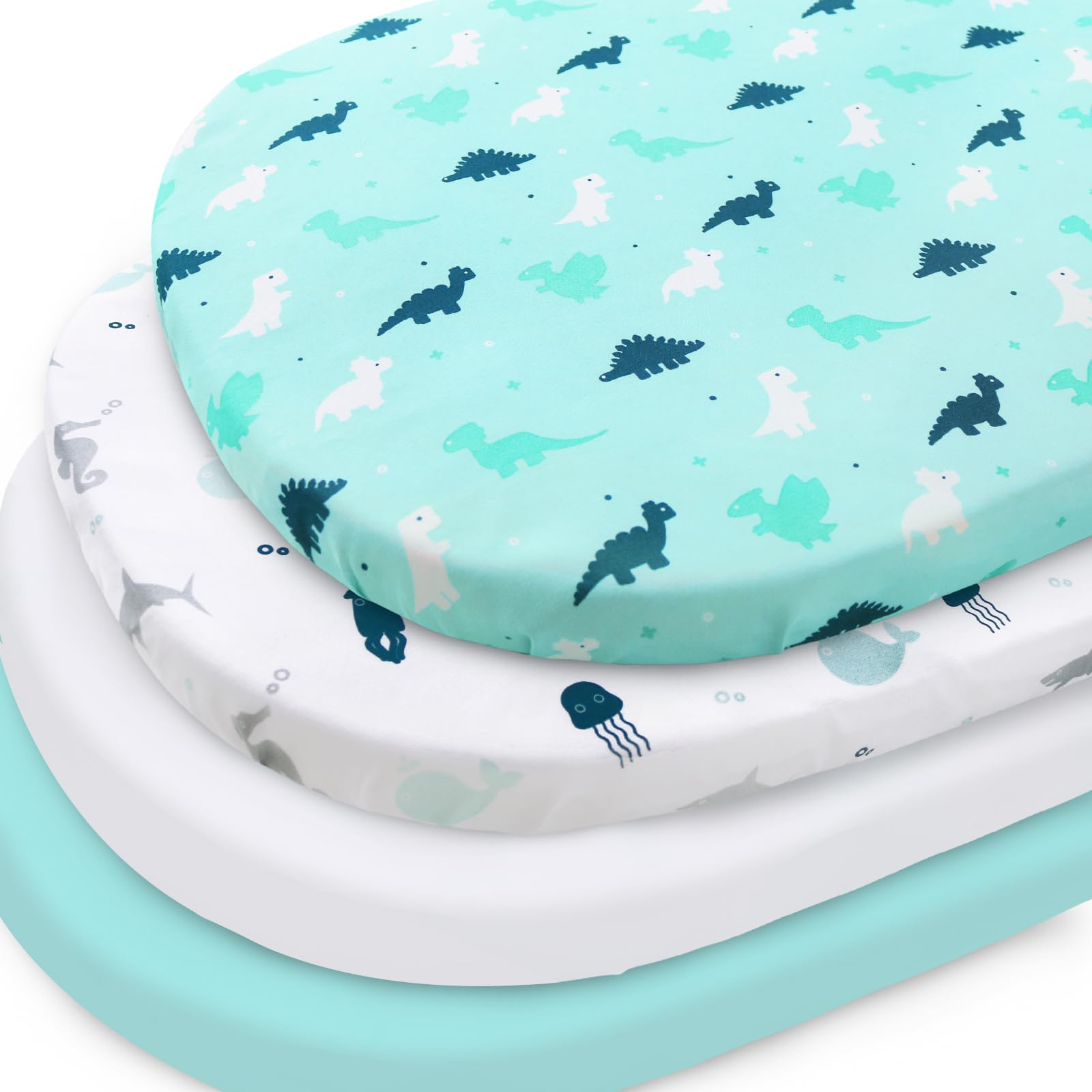 Photo 1 of Bassinet Fitted Sheets 4 Pack Compatible with SNOO Smart Sleeper and UPPAbaby Bassinet, Ultra Soft and Skin-Friendly, Aqua Dinosaurs & White Ocean