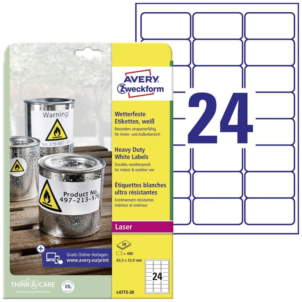 Avery Zweckform L4773-20 Heavy Duty White Labels 63,5 x 33,9 mm Weather-Resistant 20 Sheets / 480 Labels White
