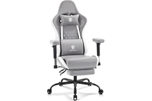 Morkprism Gaming Chair,Computer Office Chair with Footrest,Massage Lumbar Support and Gel Pad,Ergonomic Reclining Leather Gamer Chair with Headrest,Adjustable Armrests and Spring Cushion Grey White