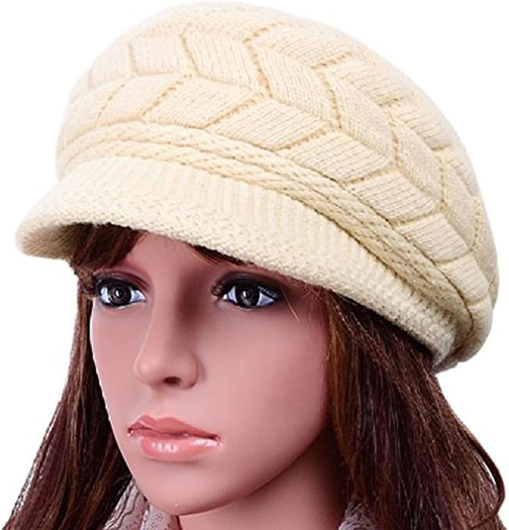 Women Lady Braided Warm Cabled Knit Winter Beanie Crochet Hats Newsboy Caps Beige