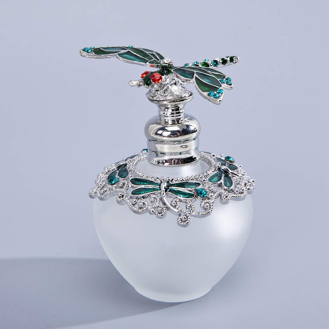 YU FENG 40ml Fancy Empty Crystal Perfume Bottle with Green Dragonfly Stopper Rhinestones Bejewelled Refillable Glass Bottle Containers