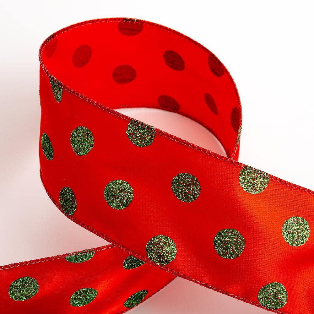 Italian Options Green Glitter Dots Red Satin Ribbon, Wide Wired Christmas Ribbon for Crafts, Gift Wrapping Accessories, Wreaths, Tree Decorations, Bows, Green, Red, 63 mm x 10 Metre