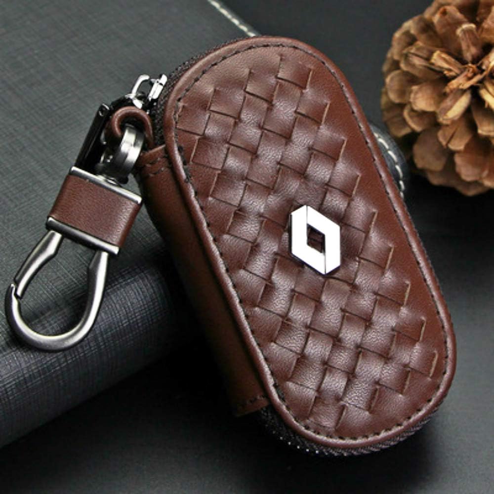 VSLIH Car Key case,Genuine Leather Car Smart Key Chain Keychain Holder Metal Hook and Keyring Zipper Bag for Remote Key Fob (Brown,for Renault)