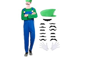 PUVKVE Super Brothers Costume Outfit Halloween Cosplay Costume for Adult Kids Plumber Cosplay Overalls with Accessory