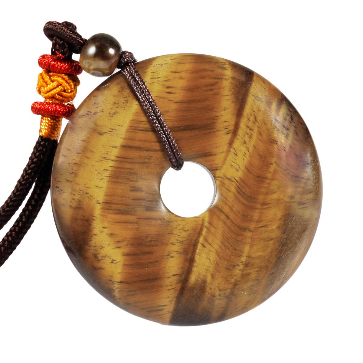 mookaitedecor Tiger's Eye Donut Stone Pendant Necklace Men Women, Healing Crystal Lucky Coin Necklace Gift, Reiki Chakra Round Crystal Semi Precious Stone Necklace with Adjustable Cord Luck Protection