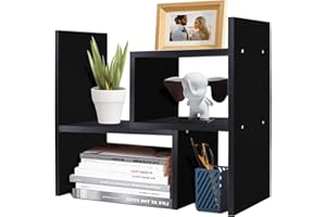 TY ARTS & CULTURE - Expandable Wood Desktop Storage Organizer Multipurpose Desk Bookshelf Case Display Shelf Rack Counter Top Bookcase for Office Home | Black