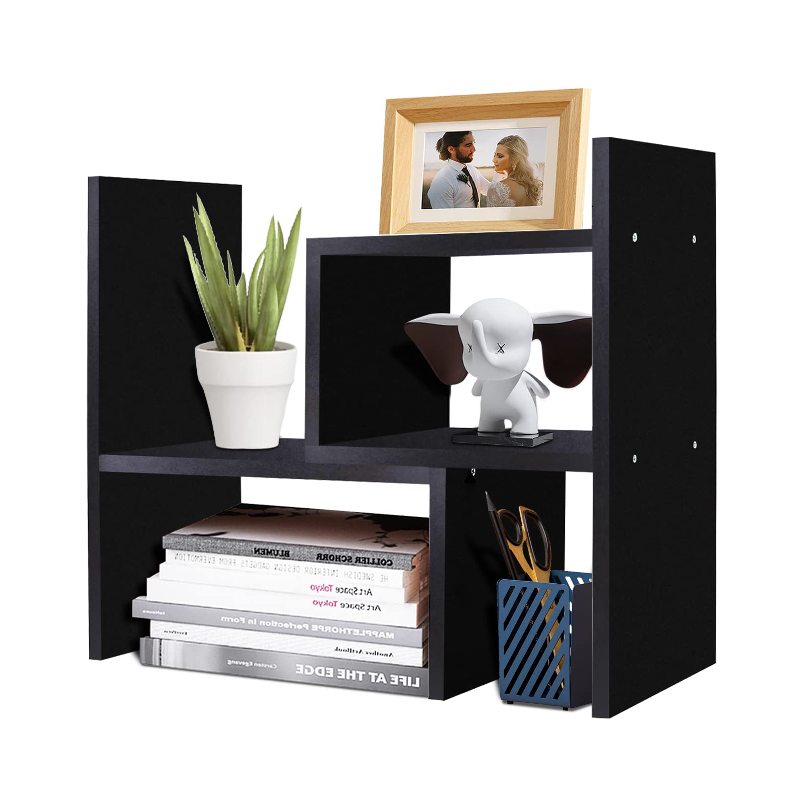 Photo 1 of TY ARTS & CULTURE - Expandable Wood Desktop Storage Organizer Multipurpose Desk Bookshelf Case Display Shelf Rack Counter Top Bookcase for Office Home | Black