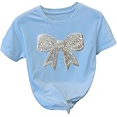 QJQ Women's Beaded Sequin Bowknot Bow Tees Short Sleeve Crewneck Tshirts Casual Summer Trendy Y2k Tops 2026