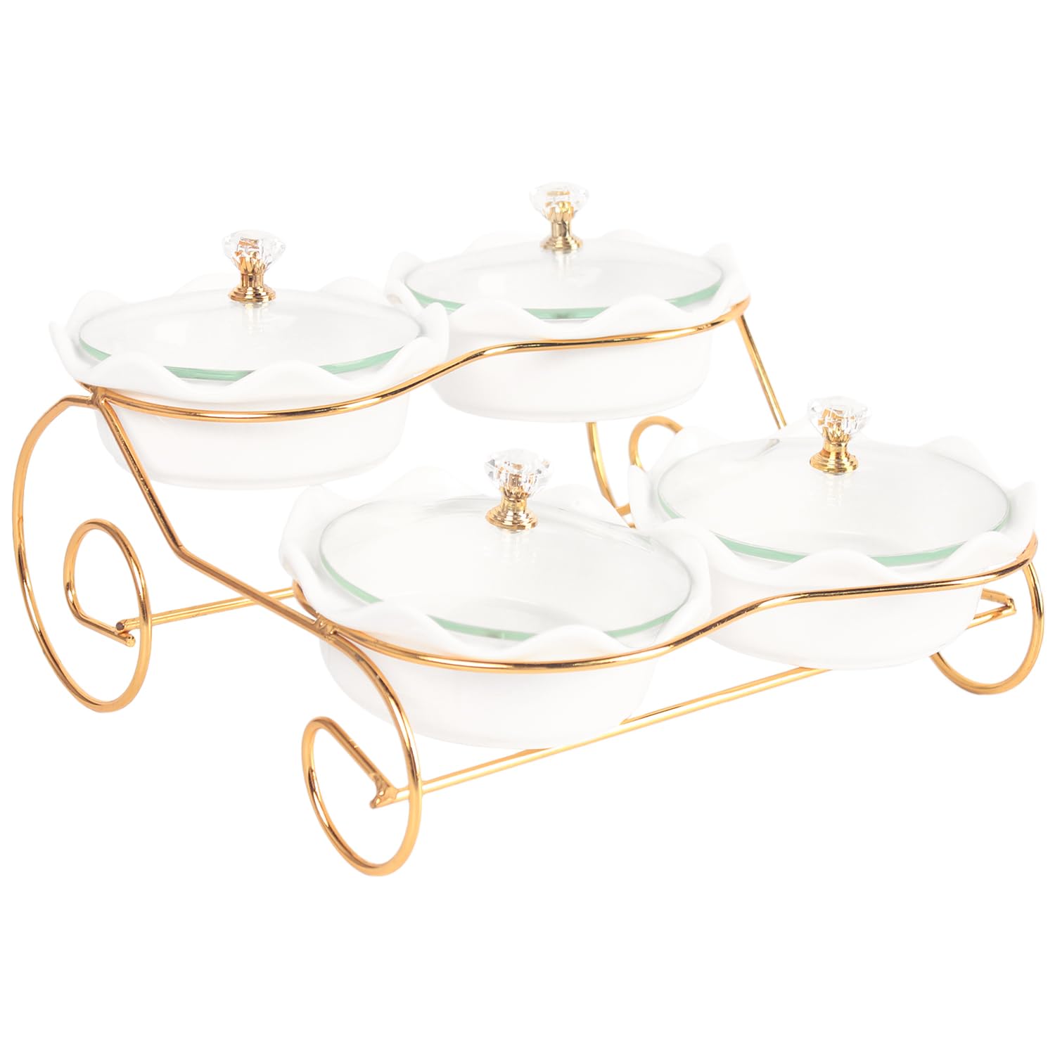 jinsongdafa Ceramic Serving Bowls with lid Metal Dishes, 4 Removable Small Bowls Relish Tray Nuts Dishes for Snack, Fruits, Sugar, Candies - for Parties, Party, Gift, Layered - 4 Snack Bowls