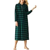 Latuza Women's Cotton Plaid Flannel Nightgown Long Sleeves Pleated Gown with Pockets