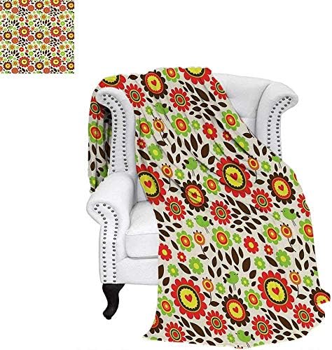 YOLIKA Kids Room Travel Throw Blanket Childlike Drawing of Summer Garden with Colorful Flowers Cute Birds Fallen Leaves Velvet Plush Throw Blanket 60"x36" Multicolor