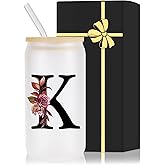 Monogrammed Glass Drinking Cup With Lid Straw Mother Day Best Mama Mom Ever from Daughter Son Christmas Xmas Valentines Birthday Groom Gifts Bride Mother In Law Personalized Unique Special Present,K