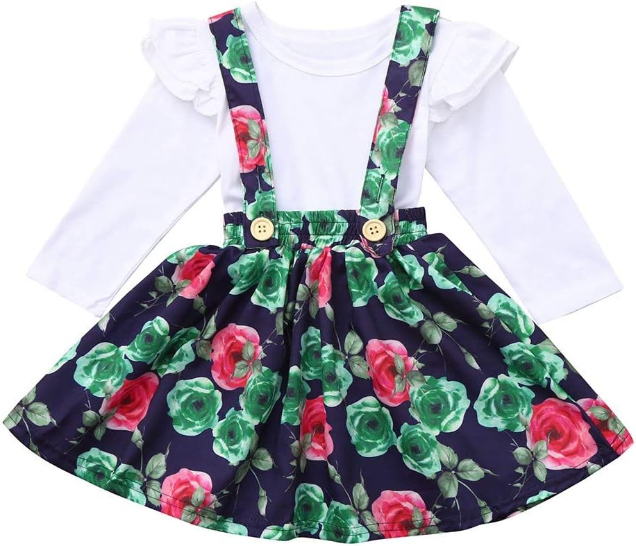 Little Girls Skirt Set Kids Girls Ruffle T-Shirts Top Floral Overall Skirt Outfit Clothes Gifts