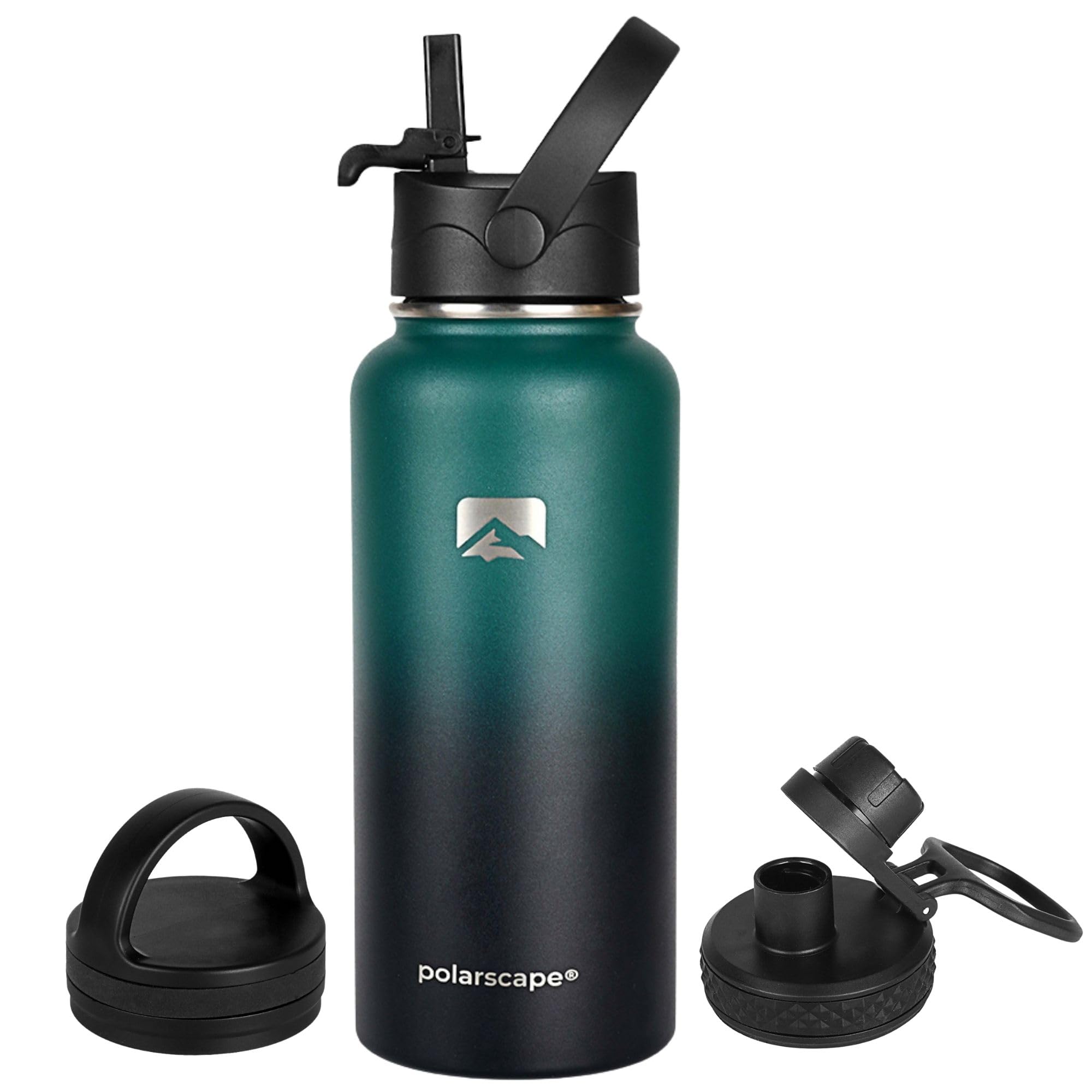 Polarscape Stainless Steel Insulated Water Bottle with Straw - Metal Water Bottle, Includes 3 Lids, 2 Straws, and Straw Brush - Wide Mouth, Double-Walled, BPA Free, Leak Proof - 1L Forest