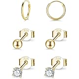Sterling Silver Stud Earrings Small Cartilage Hoop Earrings for Women Men- 3 Pairs of Hypoallergenic Tiny 3mm Cubic Zirconia Round Ball Earrings & 10mm/12mm Cartilage Earring Hoops