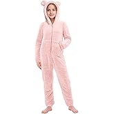 rrhss Girls Sherpa Fleece Onesie Pajamas Kids Zip-Front Animal One-Piece Hooded Sleepwear 5-14 Years