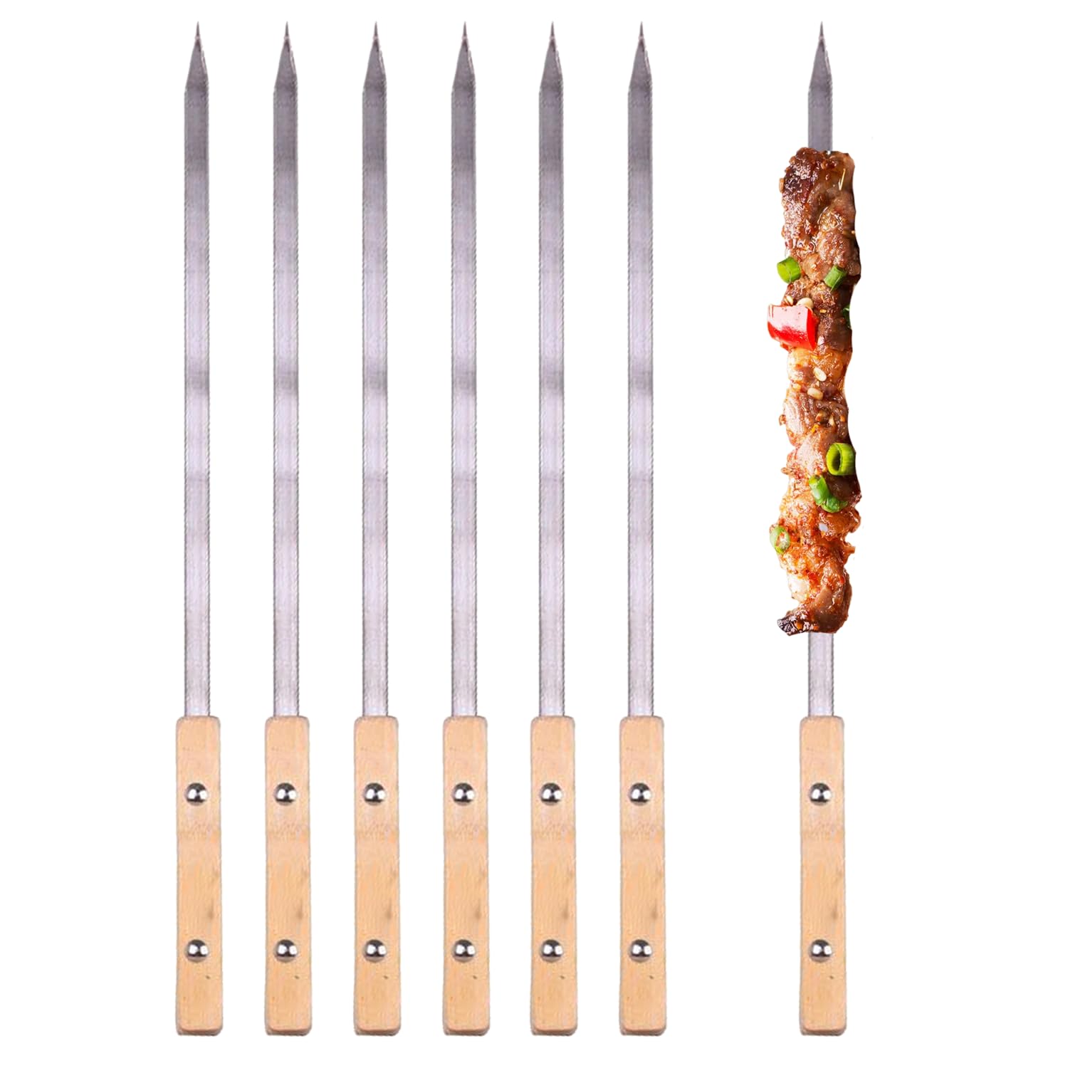 Stainless Steel BBQ Skewers, 6PCS Reusable with Wooden Handle for Kebabs & Outdoor Barbecues