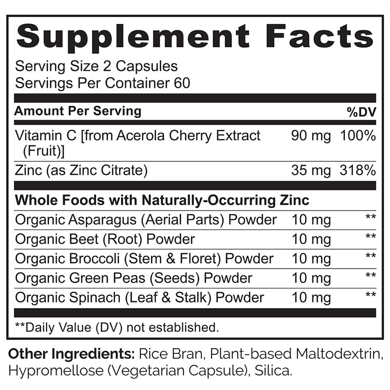 NATURELO Vegan Zinc Immune Support Capsules - Whole Food Complex with Vitamin C for Healthy Skin, Hair, and Nails - 120 Capsules