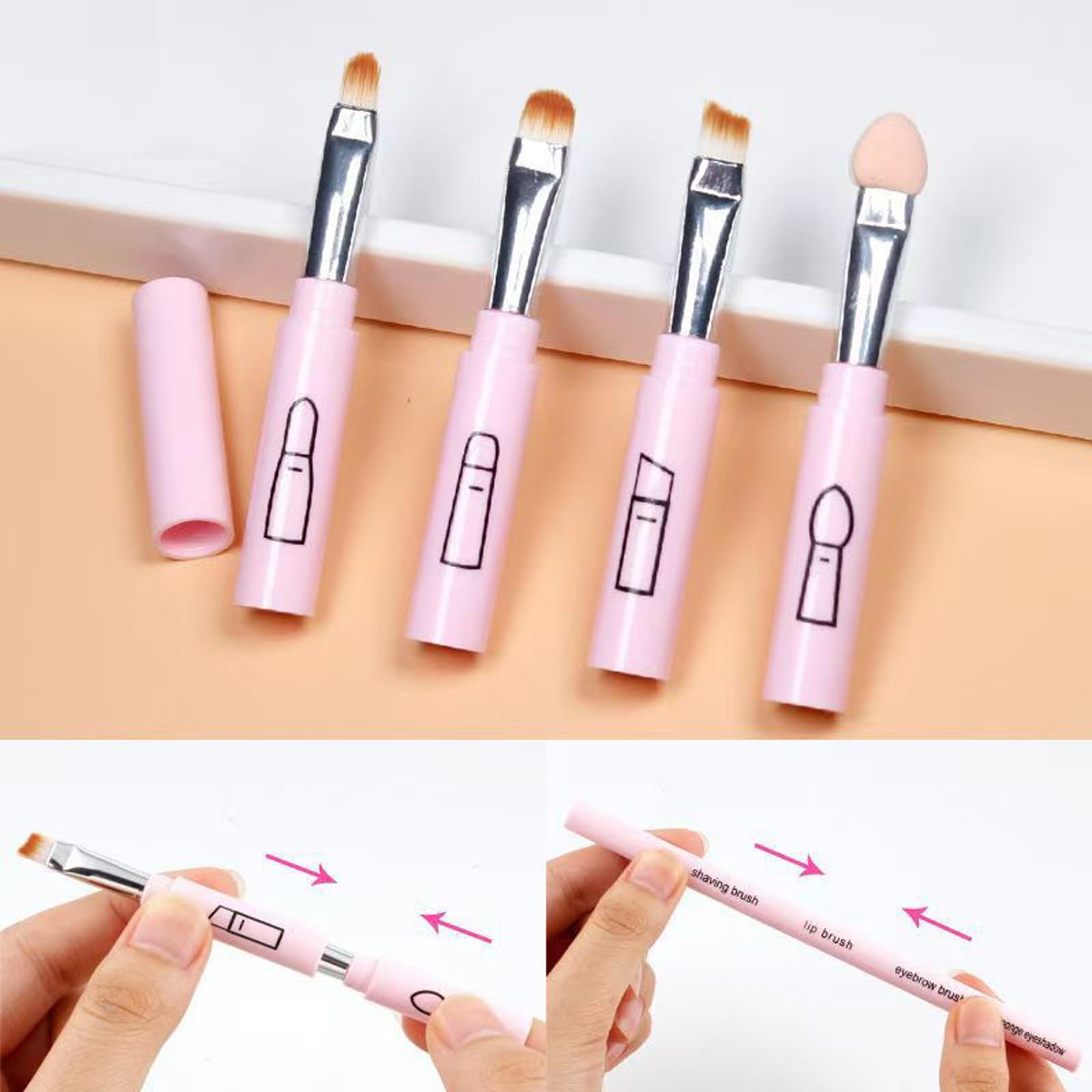 Photo 1 of 4-in-1 Mini Portable Makeup Brush Set with Eye Shadow, Eyebrow, Eyeliner & Lip Brush (Pink)