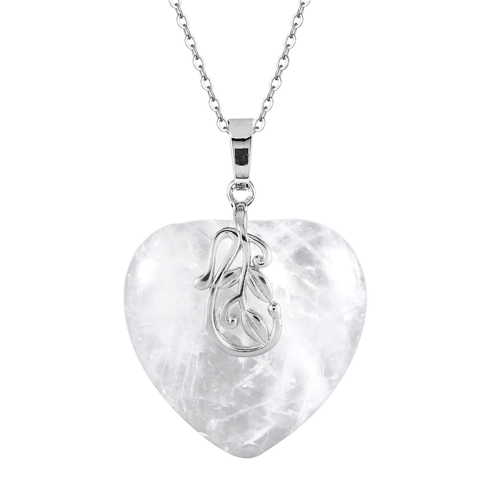 Nupuyai Rock Crystal Love Heart Crystal Pendant Necklace for Women, Leaves Charm Reiki Chakra Healing Stone Pendant with Chain 50cm