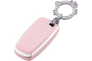 Pangpai Pink Key Fob Cover for Ford, Soft TPU Key Case Protection with Bling Keychain Fit for Edge Escape Expedition Explorer Fusion Mustang Ranger F-150 F-250