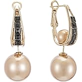 Sylph Pearl Huggie Hoop Earrings for Women 14K Gold Plated Pearl Earrings Jacket Champagne Gold Drop Dangle Earring Bridal Wedding Party Jewelry Gifts for Women